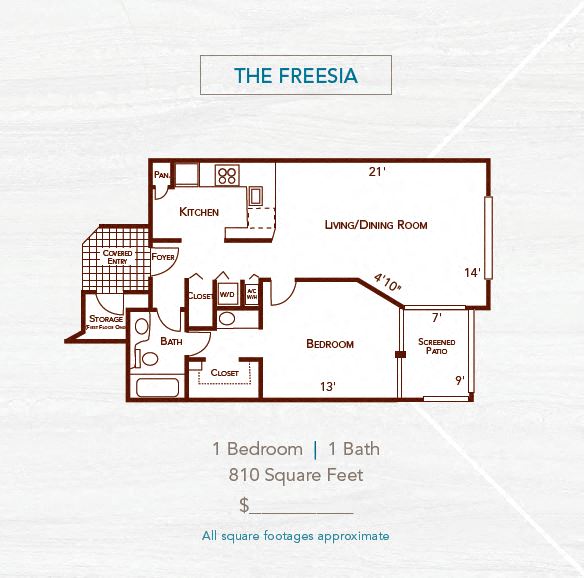 Floor plan for 1 bed, 1 bath, 810 sqft